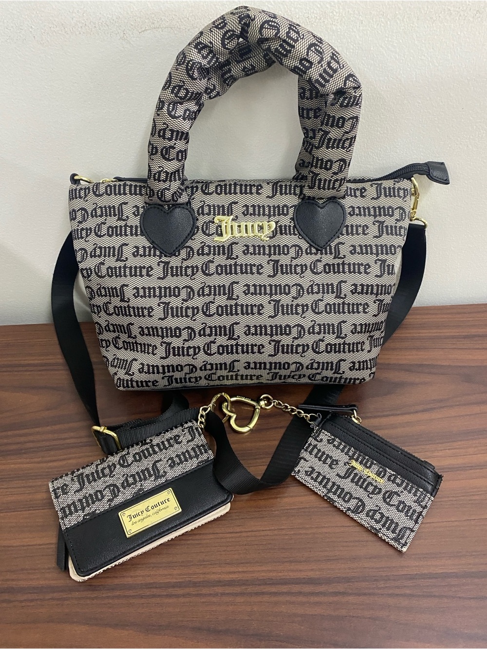 Juicy Couture Black Gothic Monogram 3pc Satchel Wallet Cardholder Set